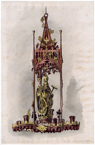 37399 Afbeelding van een koperen gotische lichtkroon van het smedengilde met het beeld van St. Eligius afkomstig uit de ...